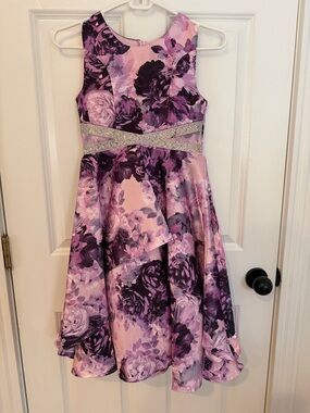 Girls' Pink & Purple Floral Formal Dress with Embellished Waistband